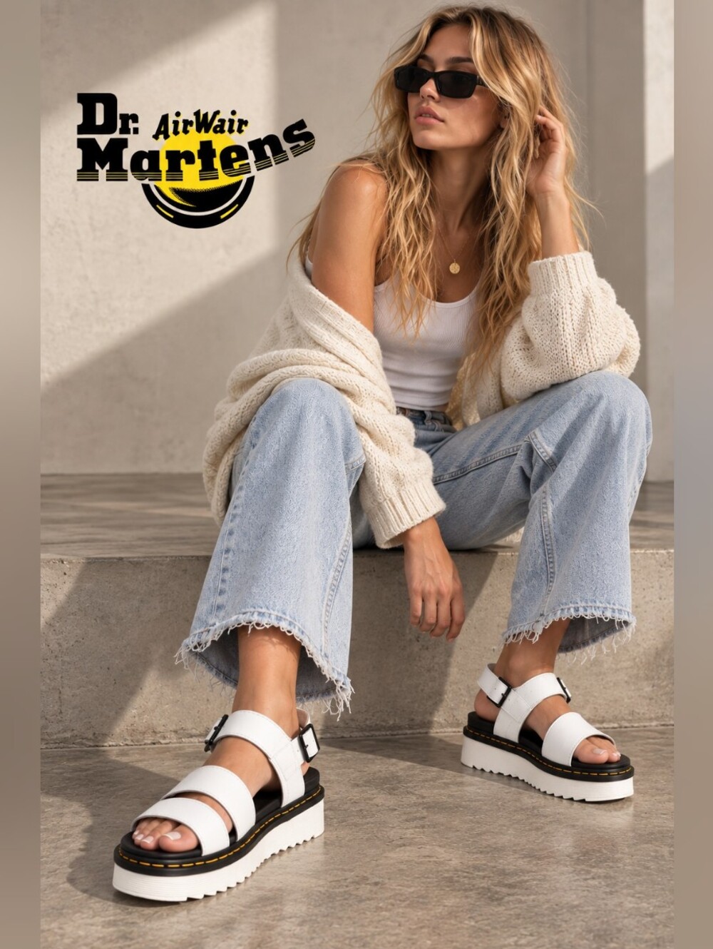 Dr. Martens White Leather Platform Sandals Size 6L Double Strap